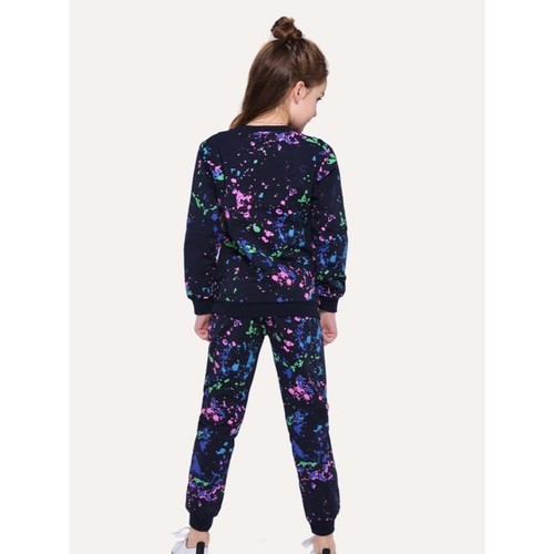 Girls Letter Print Paint Splatter Sweatsuit Set Loungewear Dancewear Navy Size S - Picture 5 of 15
