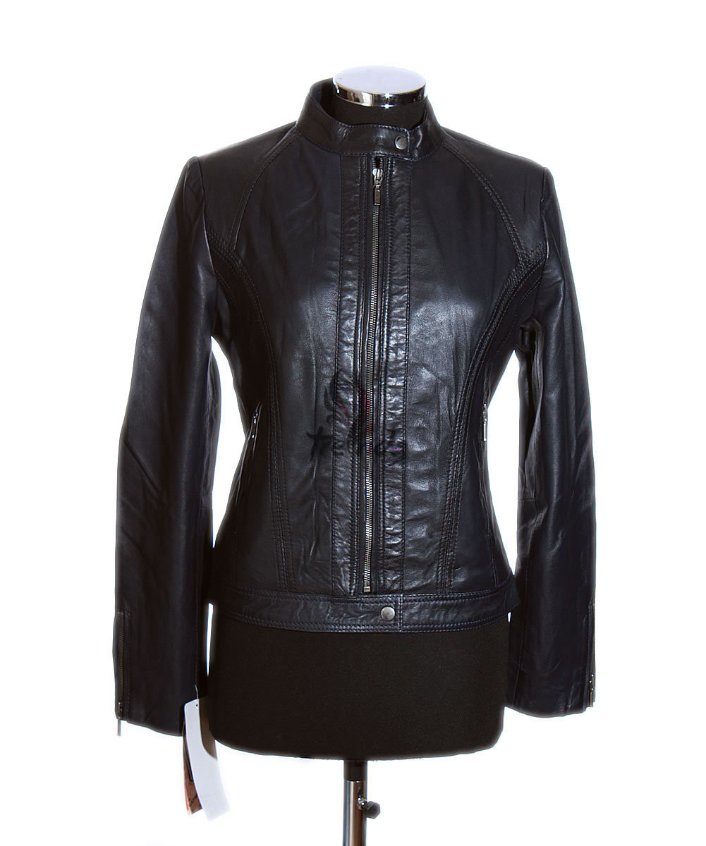 Ladies MILA Dark Blue Biker Style Designer Retro Real Lambskin Leather Jacket