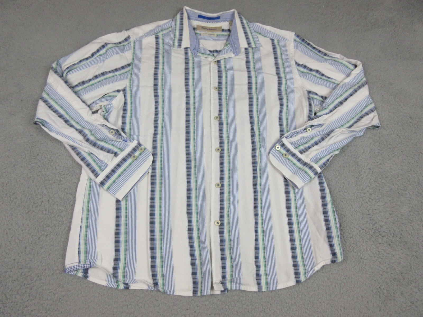 Tommy Bahama Shirt Mens Large White Stripes Button Up Island Modern Fit Relaxed