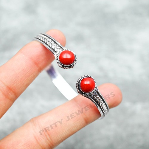 Coral Bracelet 925 Sterling Silver Adjustable Handmade Cuff Bangle Gift Jewelry - Picture 2 of 6