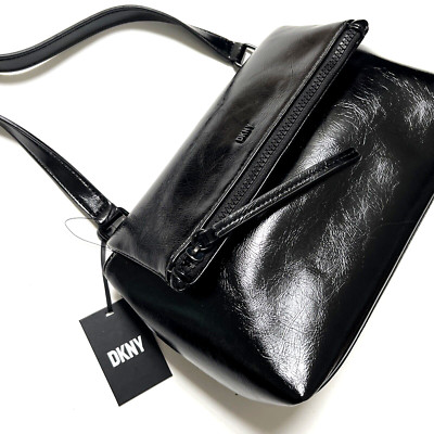 NWT DKNY Jayeson Medium Flap Crossbody Polished Black $250 MSRP Logo Bag