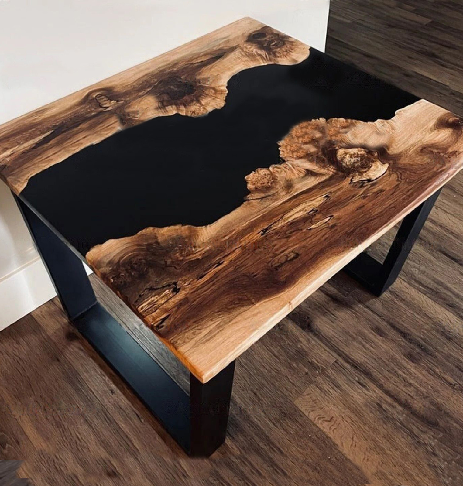 42-Inch Black Epoxy Resin Coffee Table with Wood Base for Garden or Cafe Decor