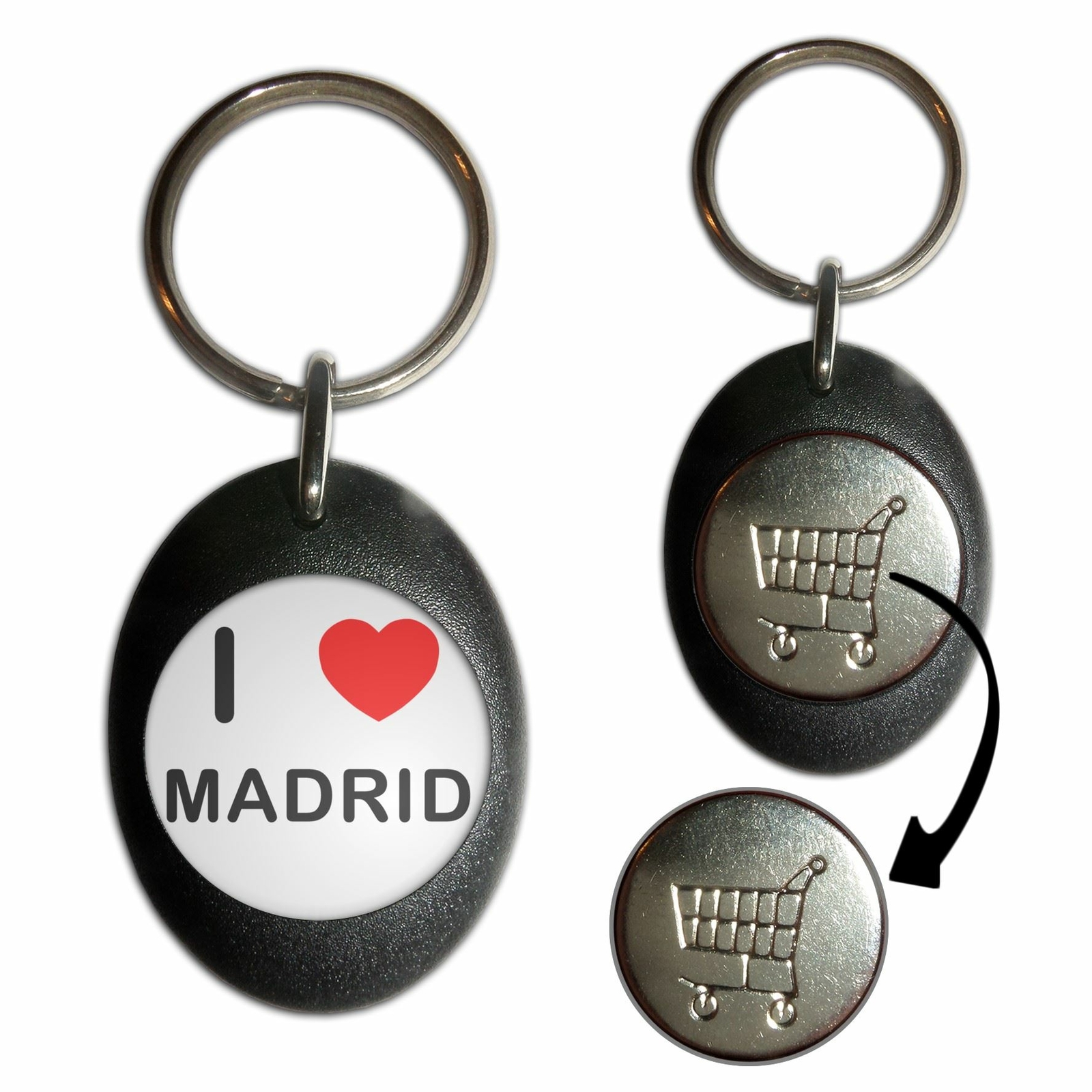 Carrito de compras de plástico Madrid I Love 1€/1€ Llavero para monedas (43mm x 32mm)