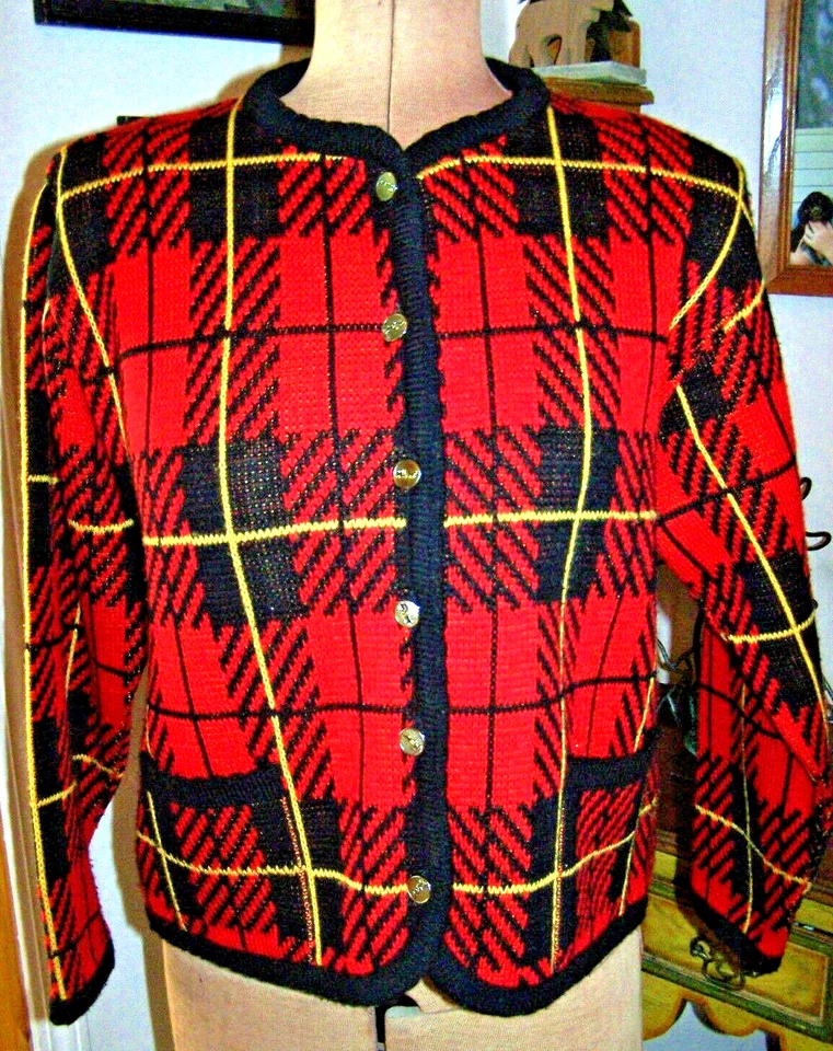 Chaqueta Suéter CASUAL CORNER Roja Negra Amarilla Acrílico A CUADROS con Botones/Talla M Foto 3 de 4