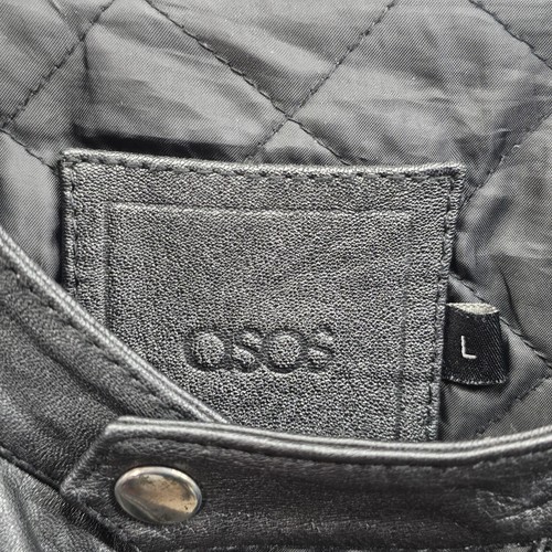 Asos Leather Jacket Mens Large L Black Biker Bomber Zip Buckle Snap Button - Picture 5 of 10