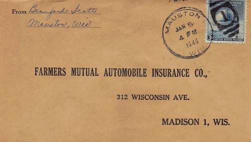 Wisconsin Cover 1949 MAUSTON to Farmers Mutual Auto Ins Madison Duplex cancel