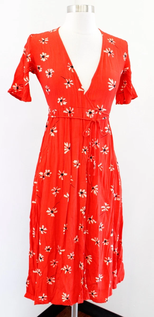 Red floral midi wrap deals dress