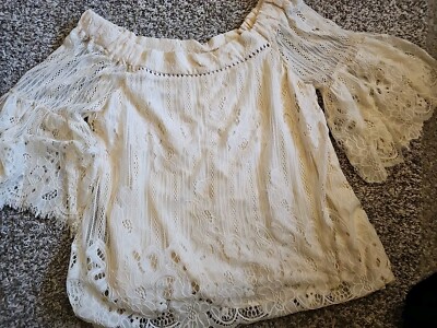 Hint Of Mint Off The Shoulder Lace Top Juniors Size M Bell Sleeve Off White  C11
