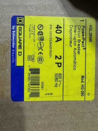 SQUARE D PowerPact Circuit Breaker HGL26040 40A 600V 2P NEW OPEN BOX! - Imagen 2 de 5
