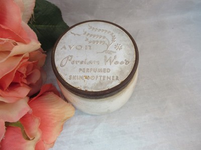Avon Persian Wood Perfumed Skin Softener antique glass jar. Hazel Atlas