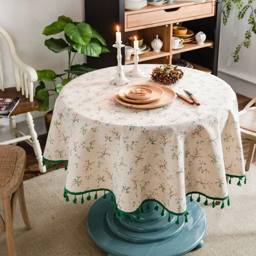 Floral Linen Cotton Tablecloth Pastoral Floral Rustic Washable Round Table Cover - Bild 31 von 35