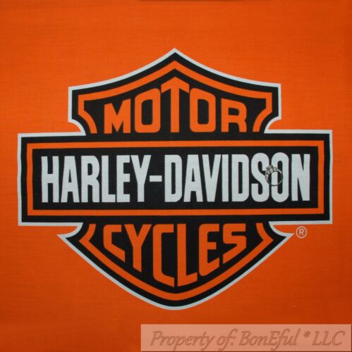 BonEful Fabric FQ Cotton Quilt Panel Block VTG Orange Black Harley Davidson Logo