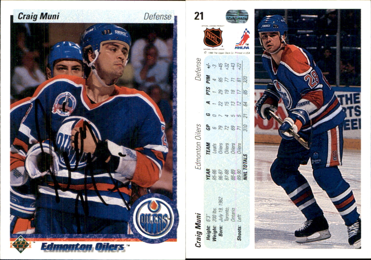 Craig Muni Signed 1990-91 Upper Deck #21a Card Edmonton Oilers Auto AU
