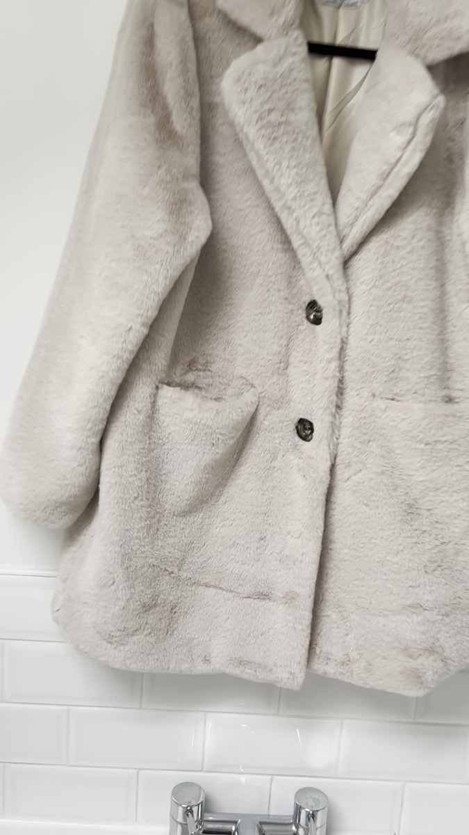 CROWN DE LOUISE Pale Cream Beige Softest Faux Fur Coat L UK14-16