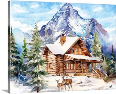 Cabin Winter Snow Deer Landscape Mountains Canvas Wrap 16 x 20 Christmas art