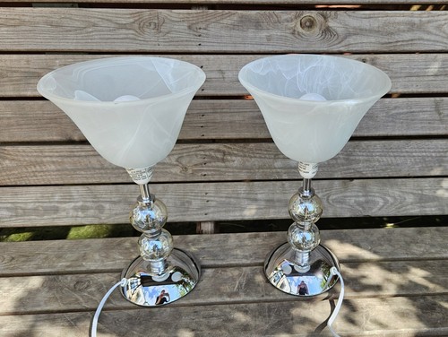 Pair of Dunelm Art Nouveau Style 2 Glass Ball Table Lights Lamps Chrome White - Picture 2 of 12