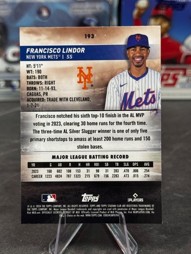 2024 Topps Stadium Club - Francisco Lindor #193 Chrome - Picture 2 of 2