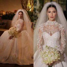 Long Train Ball Gown Wedding Dresses Classic High Collar Long Sleeve Bridal Gown