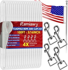 100FT Flag Pole Rope Kit 5/16” Nylon Halyard 4 Zinc Alloy Swivel Snap Hooks Flag