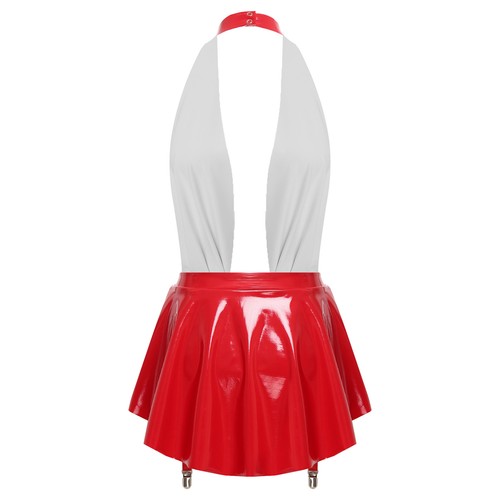 Women's PU Leather Halter V Neck Backless Bodysuit Zipper Crotch Leotard Dress - Picture 7 of 36