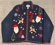 Vtg Tiara International Women Christmas Sweater Sz Large Santa Rudolph Snowflake