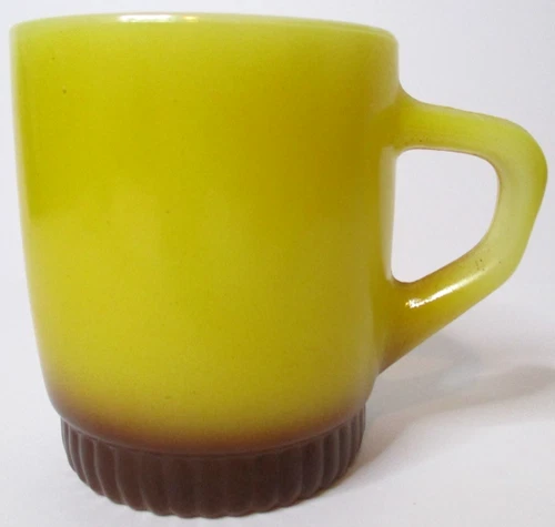 Vintage FIRE KING Yellow w/ Brown Ribbed Foot Stackable Mug D Handle EUC