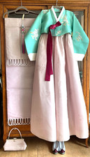 M Rare 8pc Korean Silk Hanbok Full Set- Mint Top / Apricot Skirt / Shawl  Bag