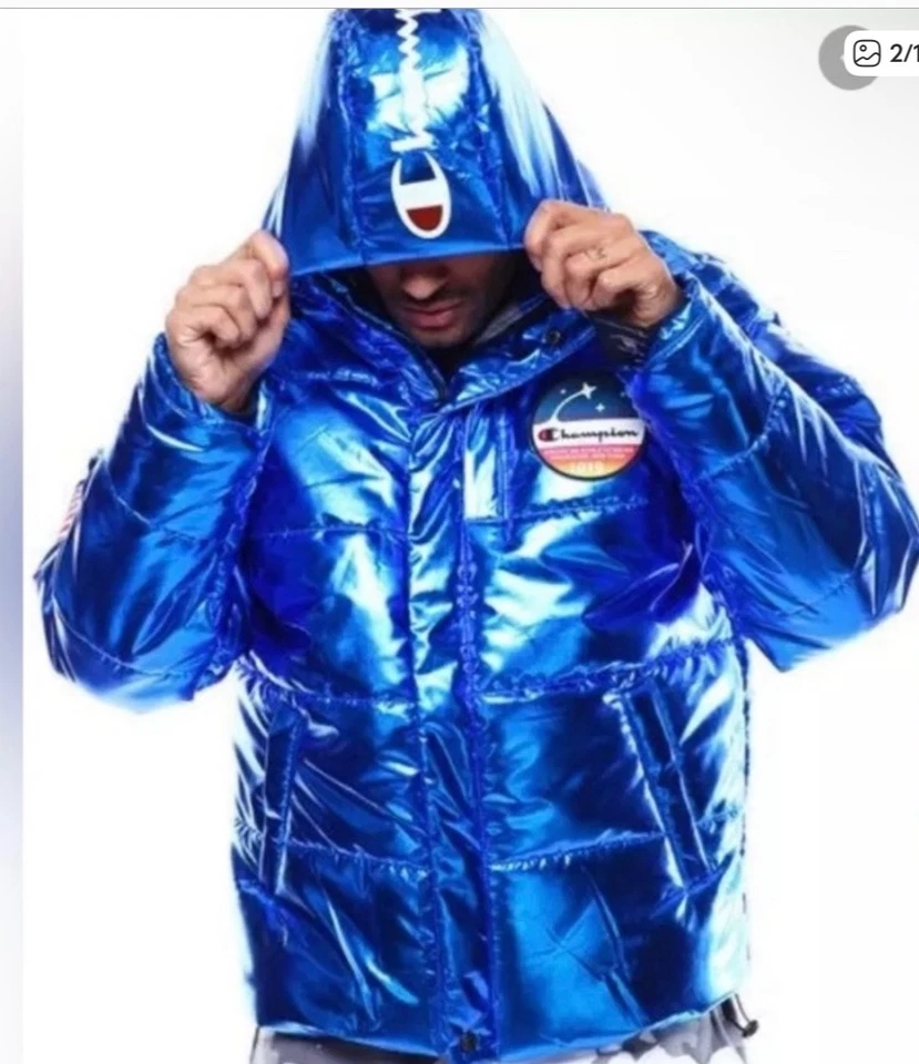 Chaqueta acolchada metálica Champion x NASA para hombre talla L azul espacio RARA Foto 2 de 4