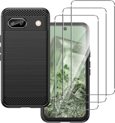 Carinacoco Hülle Google Pixel 8a mit 3 Hartglas Displayschutzfolien, Schwarz
