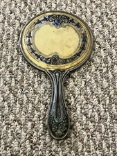 Antique Silver Floral Art Nouveau Handheld Mirror Beautiful Intact Inlay Painted