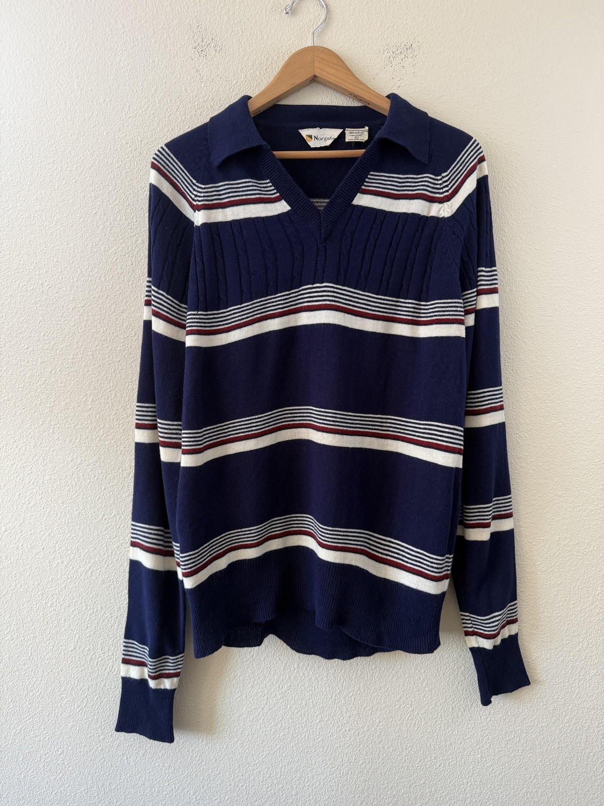 Vintage 70s Norgate Sweater Mens Large Blue Striped Collared V Neck Knit Acrylic