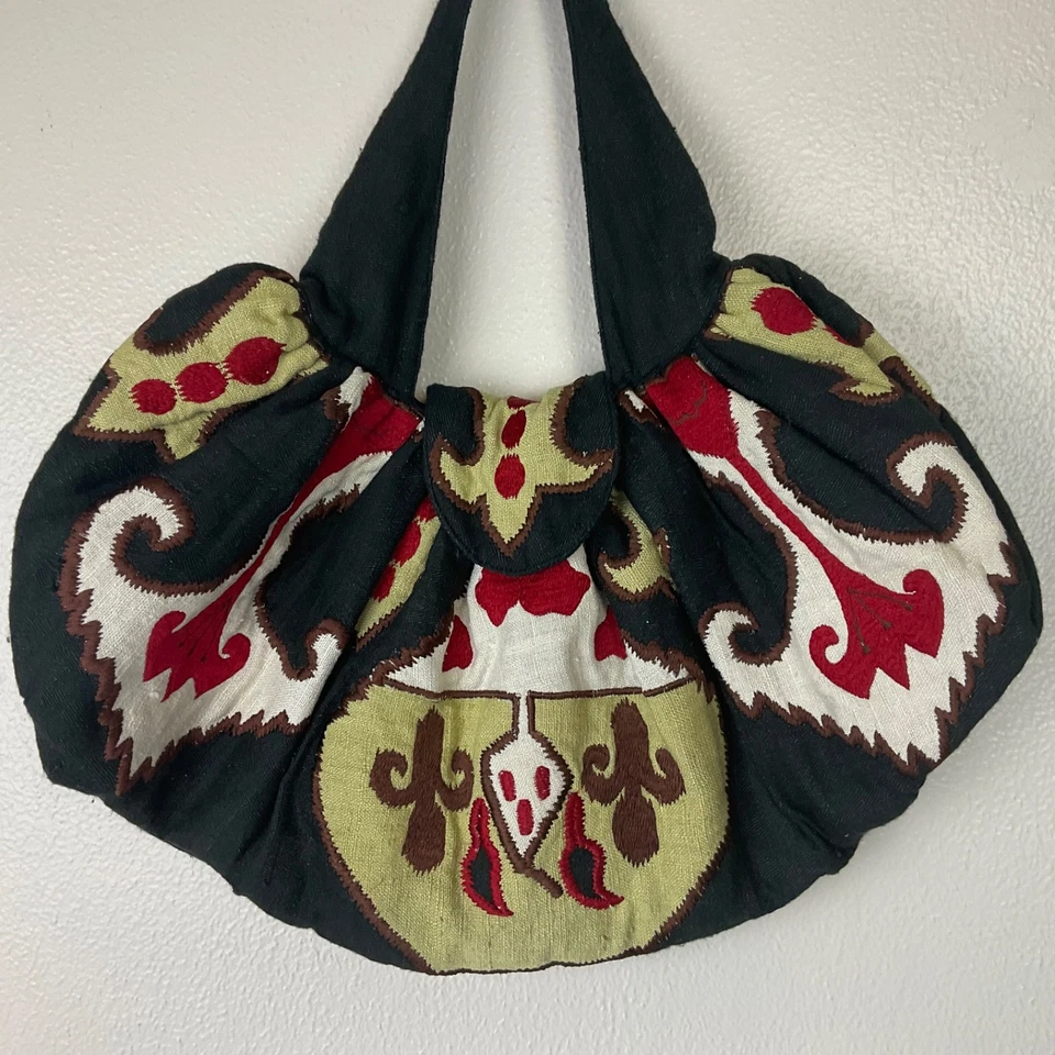 Moyna Embroidered Hobo Shoulder Bag Purse Black Red Green Gauzy Boho Hippie - Image 2 of 4