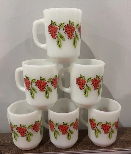 VTG Fire King By Anchor Hocking Strawberry Milk Glass Mug. Set Of 6