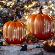 Set of 2 Illuminated Starry Night Pumpkins by Valerie Orange Fall