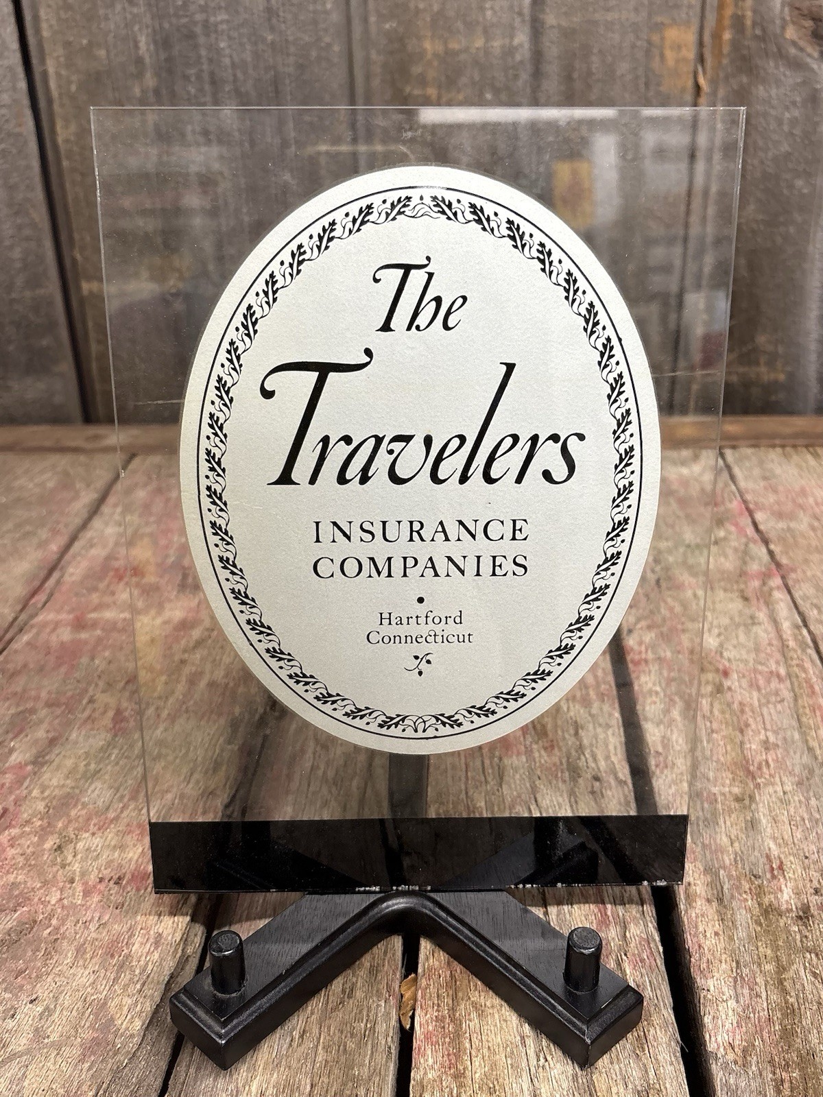Vintage Glass Travelers Insurance Co Hartford Connecticut Desk Plaque Sign