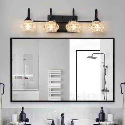Modern Crystal Bathroom Vanity Light – 4-Light Black & Gold Fixture With K9 Crystals For Over Mirror