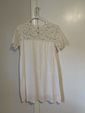 H&M Womens Shift Dress Ivory Scalloped Hem Sleeve Sheer Crew Neck Lace Button 4
