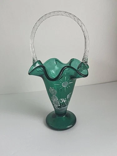 Fenton Art Glass Green Mary Gregory Style Basket 10” In Memory