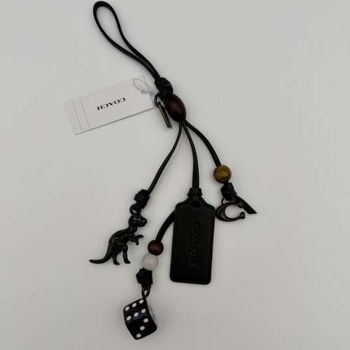 Coach Rexy Heritage Bag Charm Black Leather Dice Logo Hang Tag Beads NWT