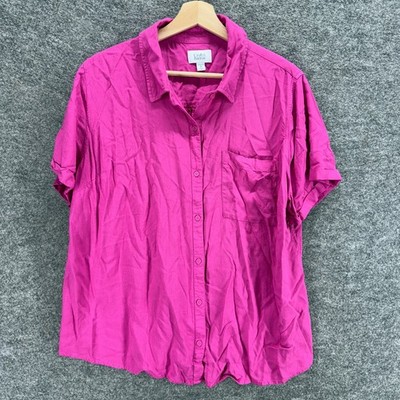 Croft & Barrow Shirt Women 1X Plus Pink Button Up Collared Short Sleeve Rayon To