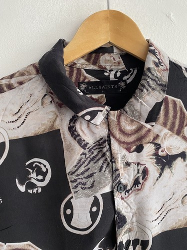 All Saints Shirt Mens Small Black Brown Akita LS Long Sleeve Viscose Oriental - Picture 6 of 16