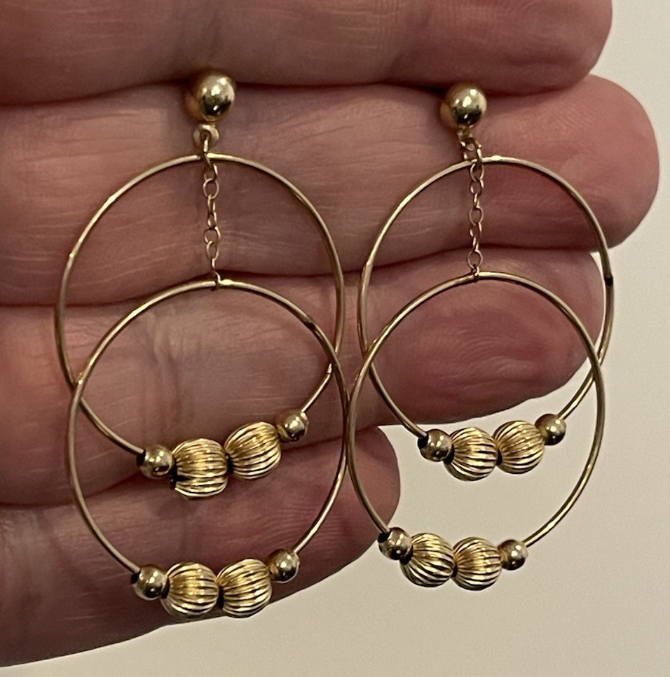 14K Solid Yellow Gold Chained Beaded Circles Dang… - image 4