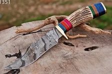 Vintage Custom Handmade Hunting Knife Damascus Steel Stag Antler Handle Bowie