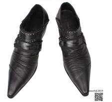Cowboy Cuban Heel Pointy Toe Mens Black Leather Motor Formal SHoes Rivet Brogues