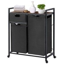 Large Rustic Brown  Black Laundry Basket with Wheels, 3 Compartments, 60L Ca...