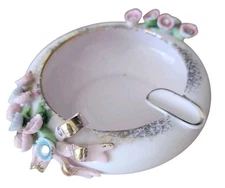 Vtg 50s Pink Lefton Ladies Porcelain Floral Rhinestone Gold Cigarrette Ashtray