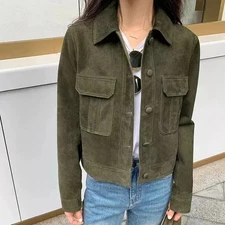 Women’s Olive Green Suede Jacket, Casual Button Front Short Coat with Pockets