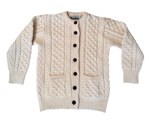 Aran Crafts Ireland Sweater Ivory Wool Cardigan Cable Knit Fishermans M Women - Picture 1 of 8