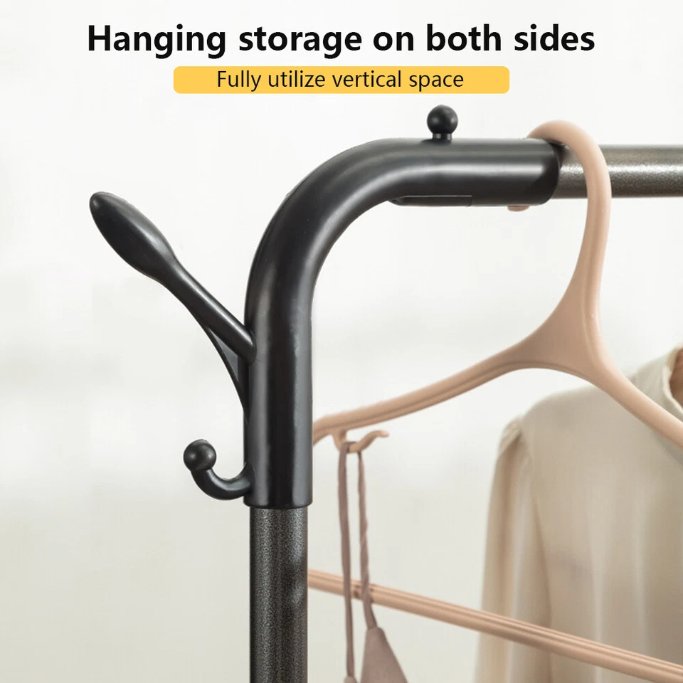 Double Rod Clothing Rack Heavy Duty Clothing Garment Rack w/ 4 Hooks for Bedroom - Image 4 of 4