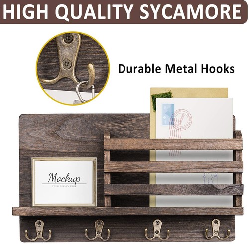 Wall Mounted Mail and Key Holder Wooden Mail Sorter Organizer w/ 4 Double Hooks - Picture 2 of 8